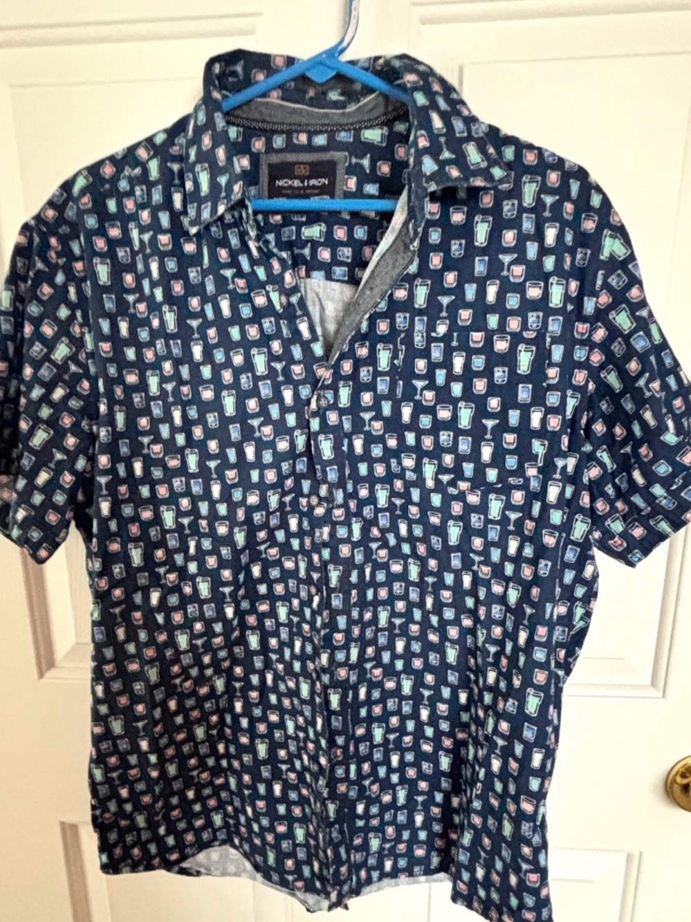 Nickel & Iron Men's Short Sleeve Shirt w/ Cocktail Glasses Navy Blue Size Large